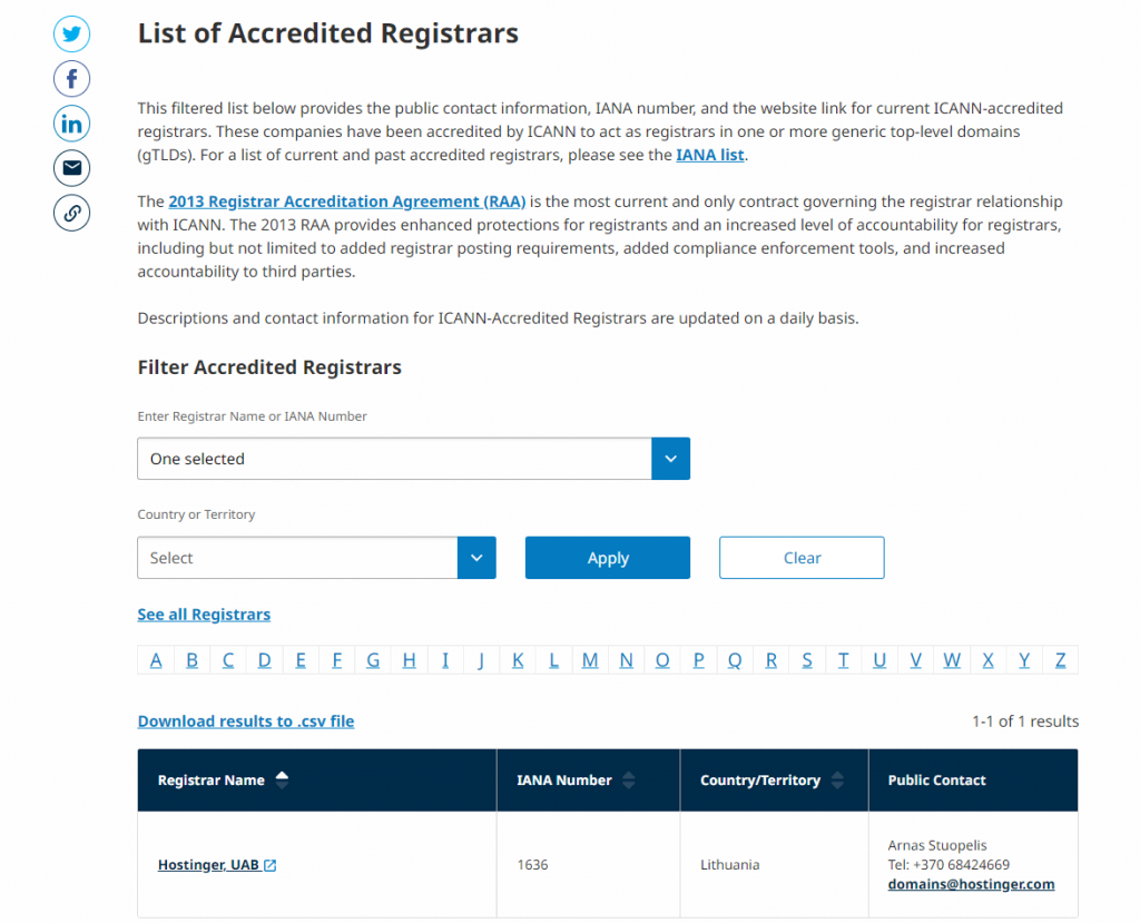 ICANN-Liste der akkreditierten Registrierstellen am Beispiel von Hostinger
