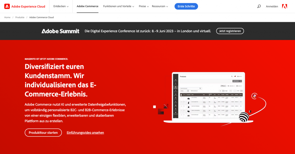 Homepage von Magento.de, einer headless eCommerce-Plattform, die Omnichannel-Erlebnisse auf einer einzigen Plattform bietet.
