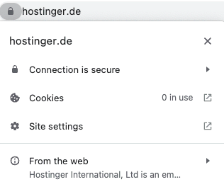 Das Bild zeigt, dass die Hostinger.de-Webseite ein SSL-Zertifikat hat