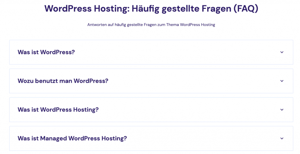 Hostinger WordPress Hosting Seite FAQ Bereich