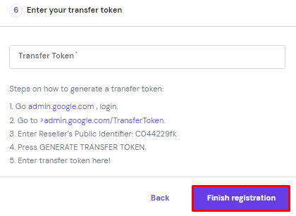 Die Seite Enter your transfer token, auf der das Feld Finish registration hervorgehoben ist