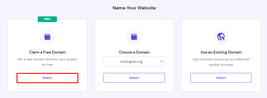 Die Seite Name Your Website auf hPanel, wobei die Option Select hervorgehoben wird