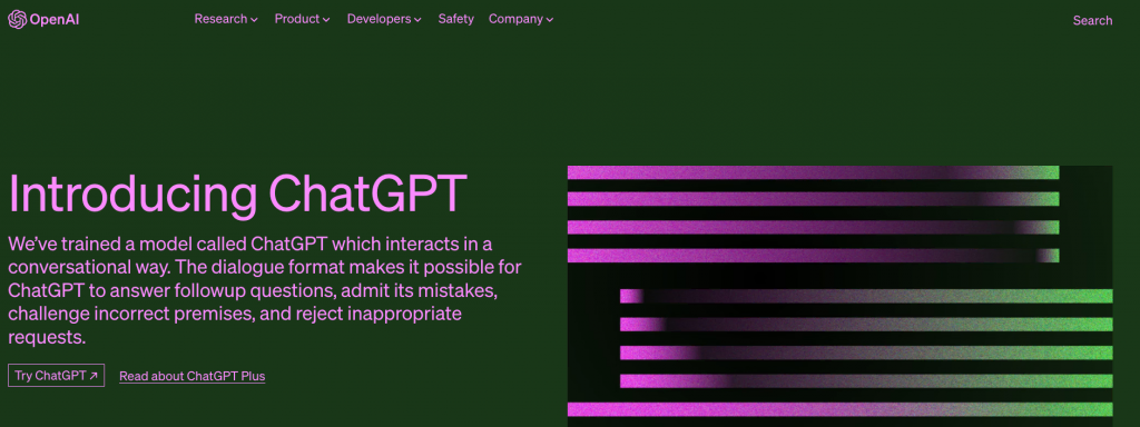 ChatGPT-Seite auf der OpenAI-Website mit der hervorgehobenen Schaltfläche ChatGPT ausprobieren.