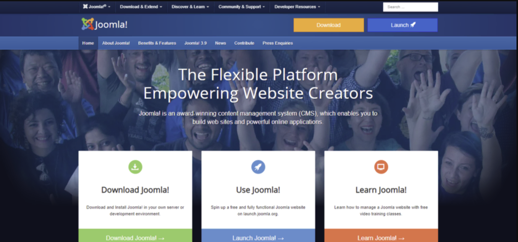 Joomla-Homepage mit seiner flexiblen Plattform für Website-Ersteller.