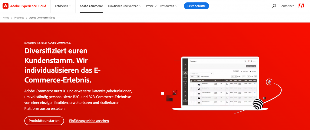 Adobe and Magneto eCommerce platform homepage.