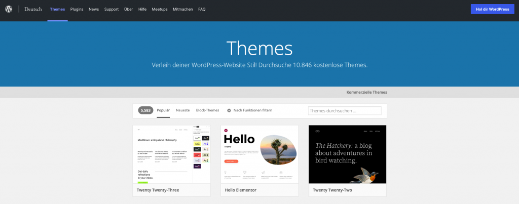 Die im offiziellen WordPress-Verzeichnis verfügbaren Themes.