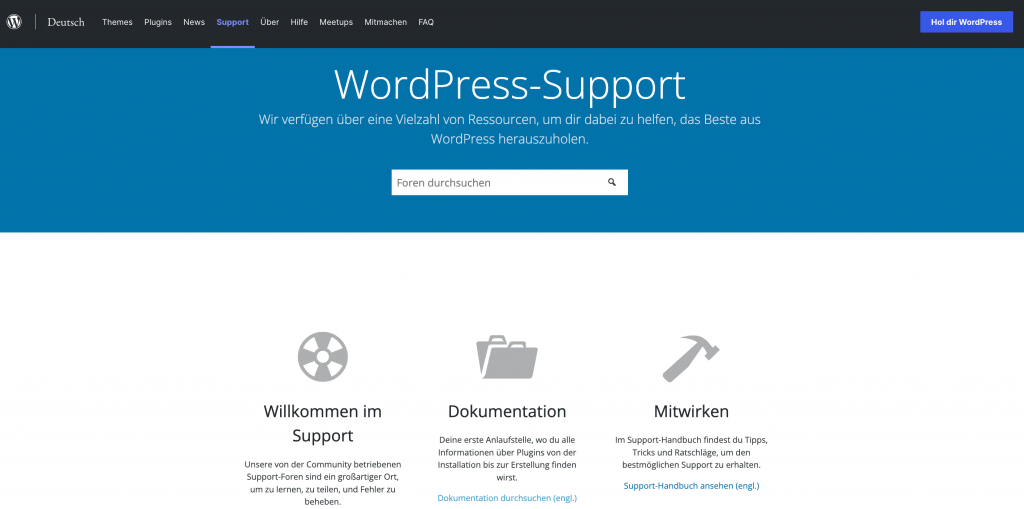 Die WordPress Support-Seite