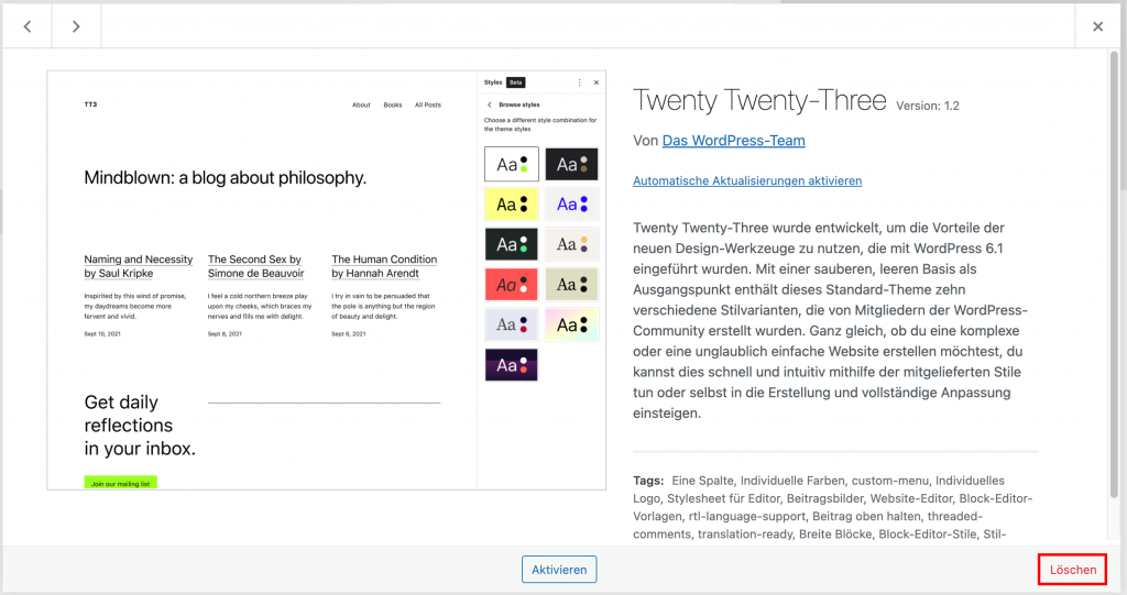 Screenshot mit der Schaltfläche zum Löschen des WordPress-Themes