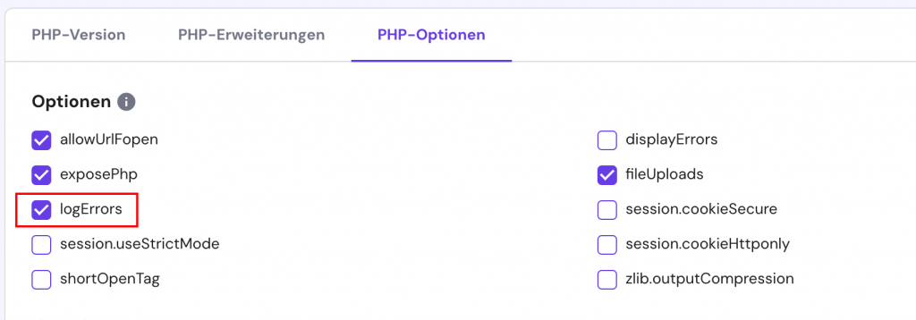 logErrors-Option im Tab PHP-Optionen