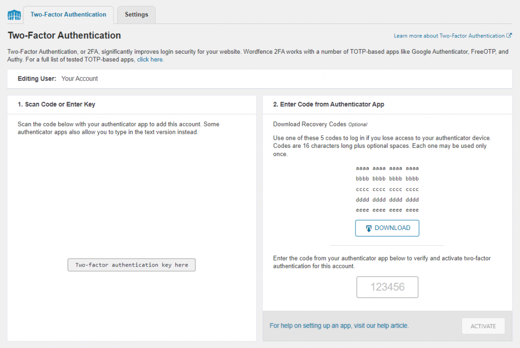 Screenshot des WordPress-Bildschirms für die Zwei-Faktor-Authentifizierung