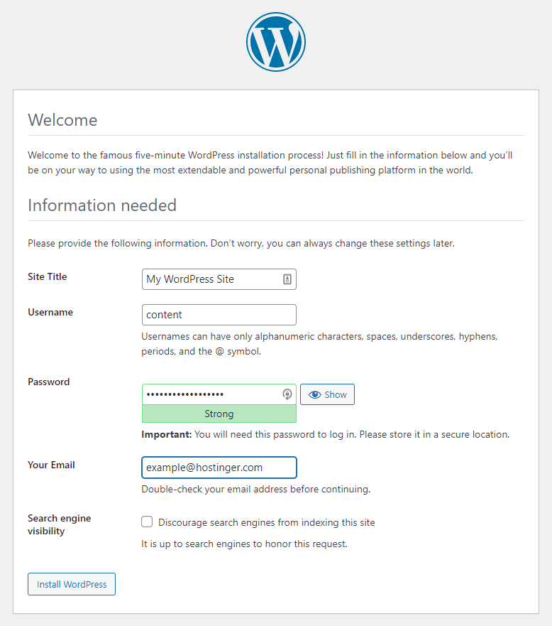 Das WordPress-Installationsformular