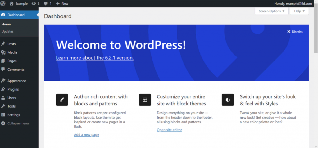 Die Verwaltungskonsole von WordPress, in der Benutzer Seiten verwalten, Inhalte veröffentlichen, Medien hinzufügen, Themen und Plugins installieren können usw.
