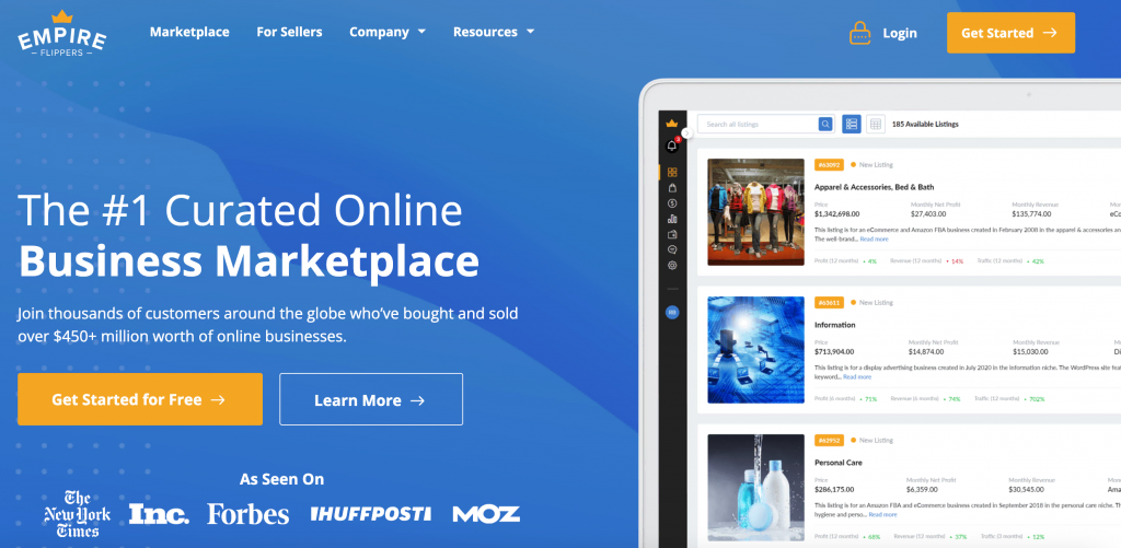 Die Homepage von Empire Flippers, Empire Flippers, einem Online-Marktplatz für Unternehmen.

