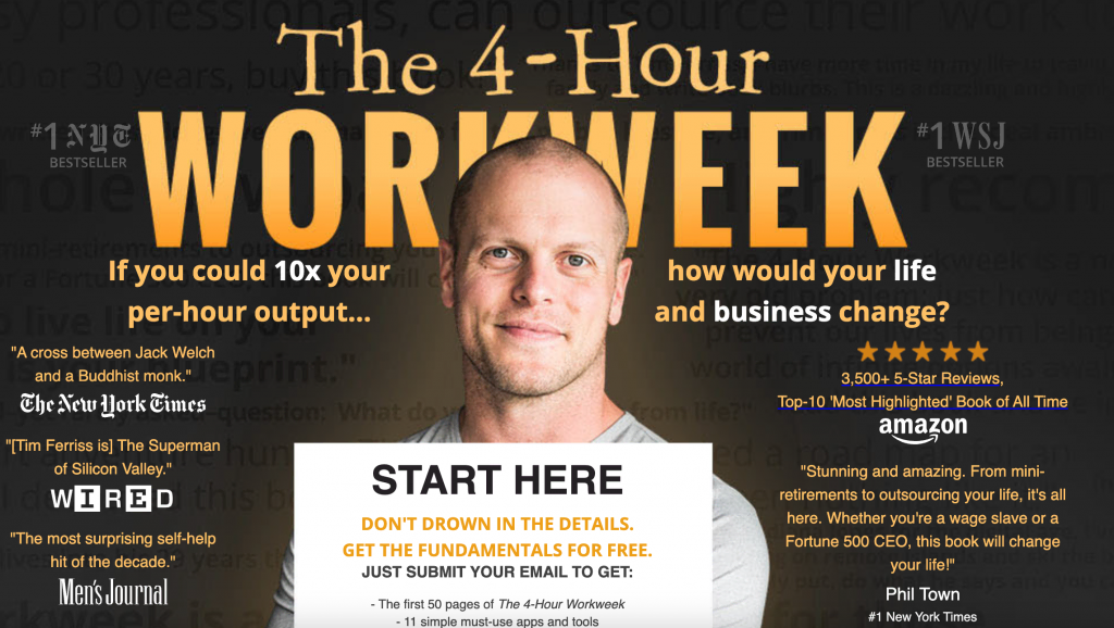 Die Homepage von The 4-Hour Workweek.
