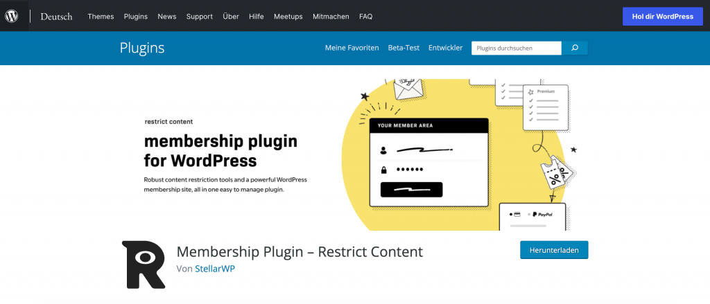 Die Startseite des Restrict Content Pro Plugins