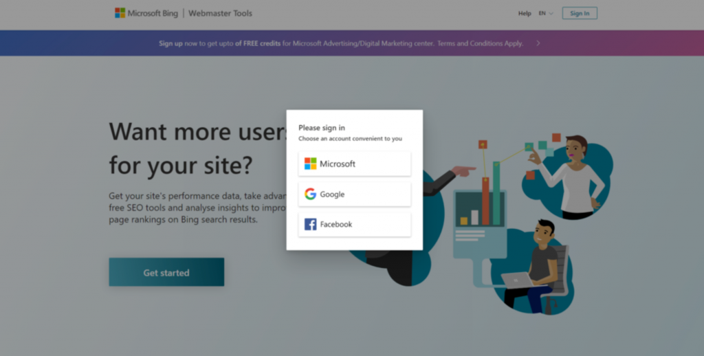 Auswählen eines Kontos für die Anmeldung bei den Bing Webmaster Tools