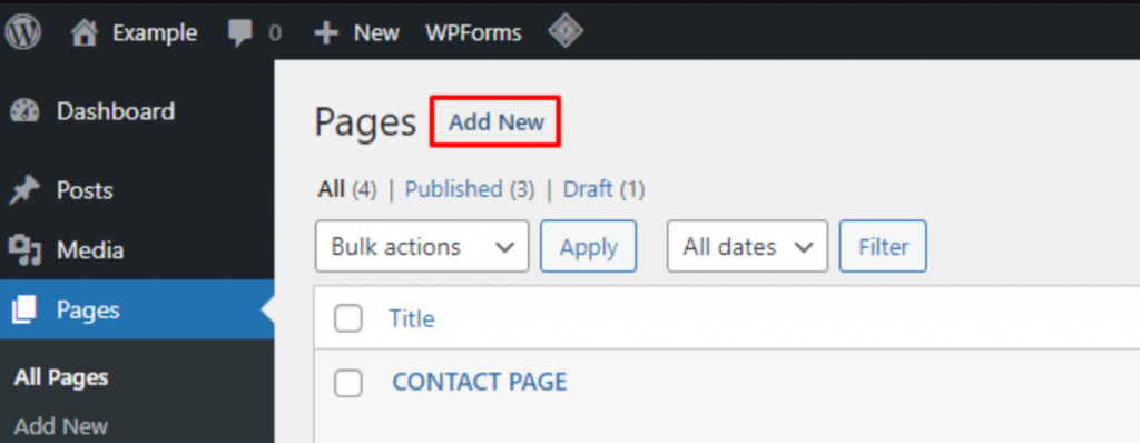 Ein Screenshot aus dem WordPress-Dashboard zeigt, wo Sie im Menü Seiten finden und auf Neu hinzufügen klicken