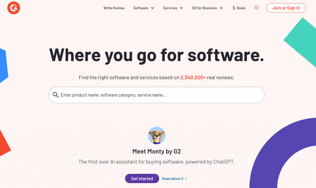 Die Homepage von G2, einer Website zur Bewertung von Unternehmenssoftware und -dienstleistungen