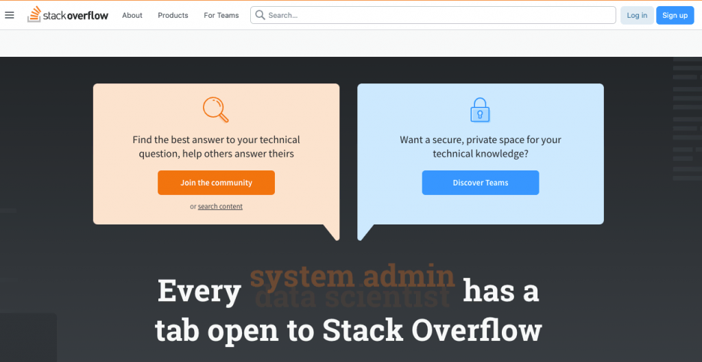 Die Homepage von Stack Overflow, einer Frage-und-Antwort-Website zu Themen der Computerprogrammierung