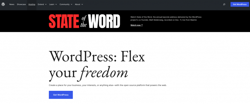Homepage von WordPress, einem Open-Source Content Management System