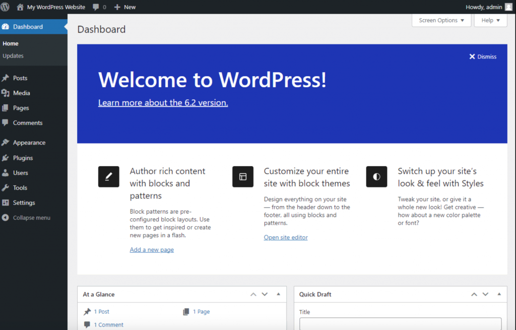 WordPress-Administrationsbereich, in dem Benutzer die Seiten, Medien, Plugins, Themen und mehr ihrer Website verwalten können