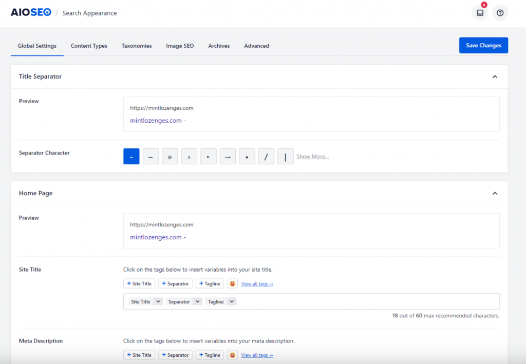 AIOSEO's Search Appearance Einstellungen, wo Sie die Meta-Beschreibungen und Titel-Tags Ihrer Webseiten konfigurieren können