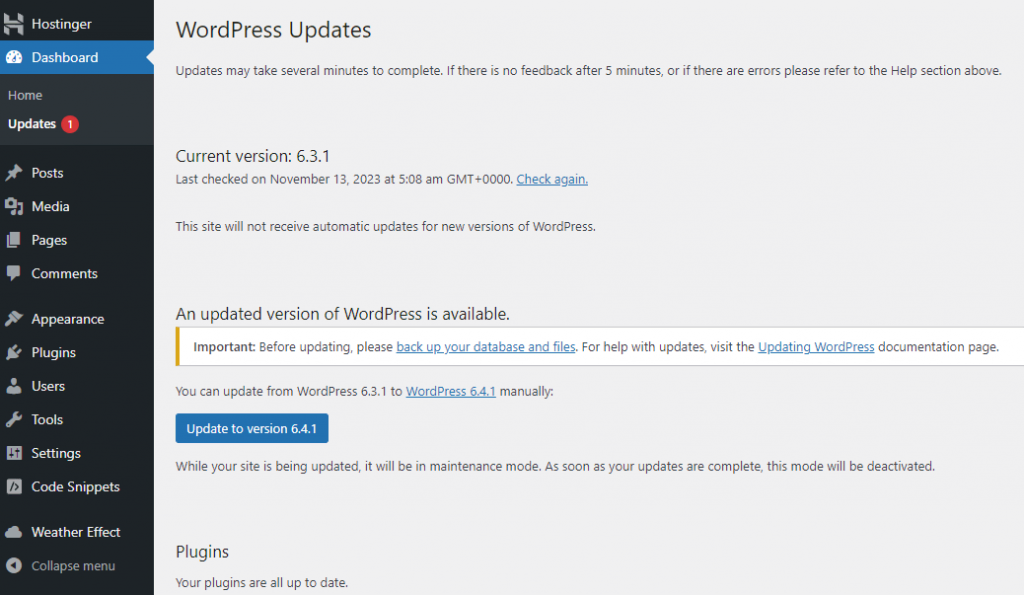 WordPress-Dashboard im Abschnitt Aktualisierungen